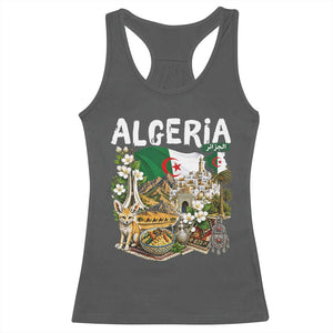 Algeria Algerian Culture and Landmarks Collage Graphic Racerback Tank Top Proud Fennec Fox Heritage and Arabic Calligraphy