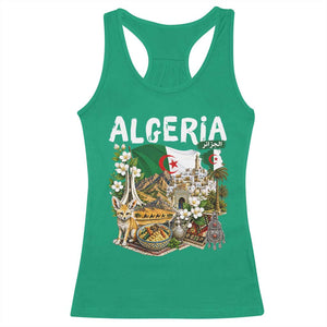 Algeria Algerian Culture and Landmarks Collage Graphic Racerback Tank Top Proud Fennec Fox Heritage and Arabic Calligraphy