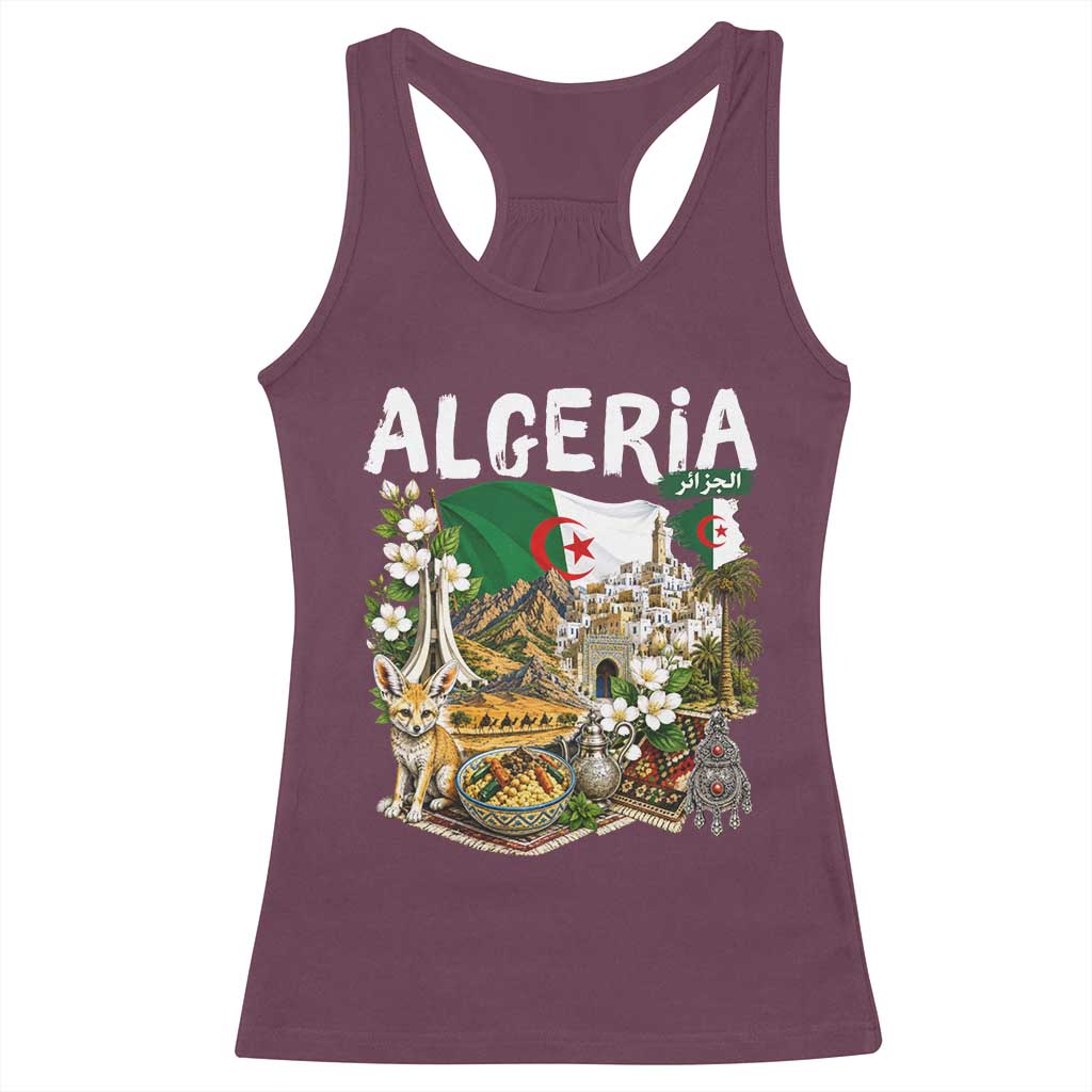 Algeria Algerian Culture and Landmarks Collage Graphic Racerback Tank Top Proud Fennec Fox Heritage and Arabic Calligraphy