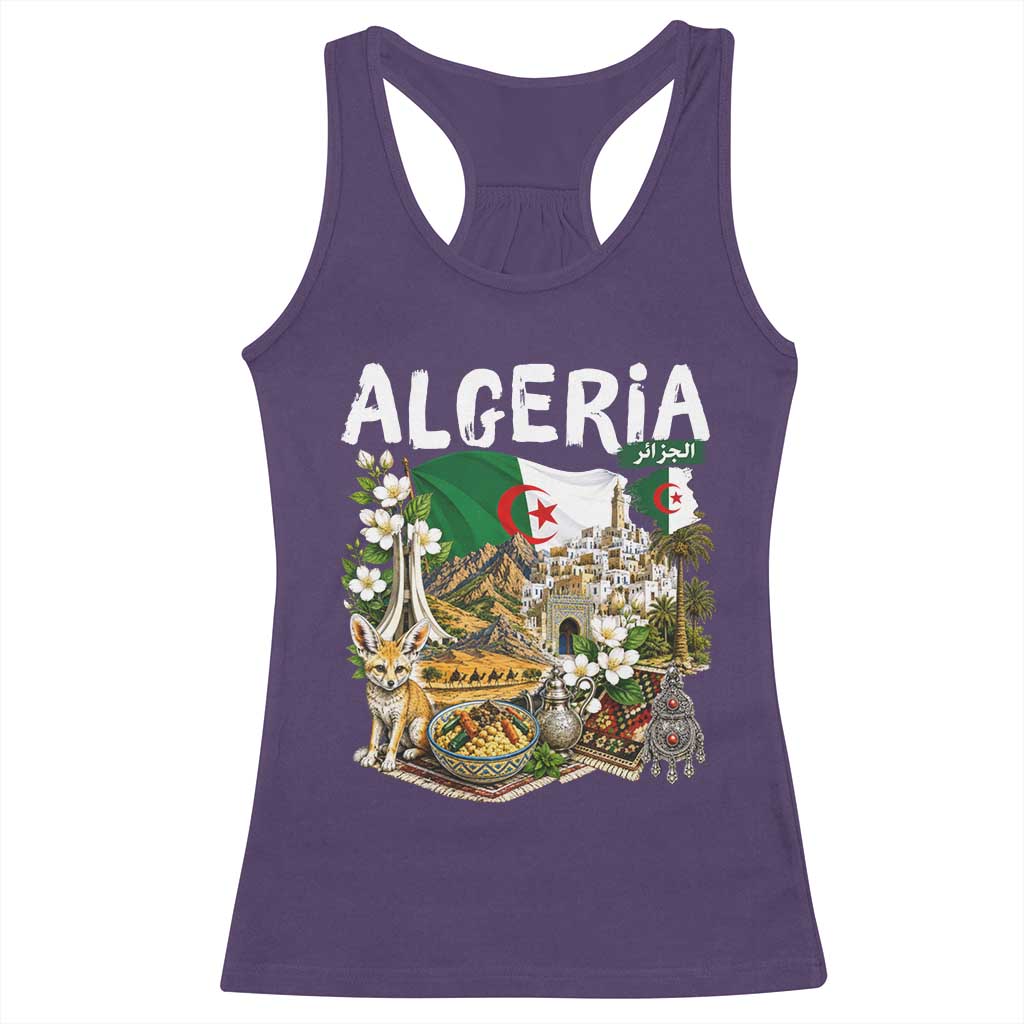 Algeria Algerian Culture and Landmarks Collage Graphic Racerback Tank Top Proud Fennec Fox Heritage and Arabic Calligraphy