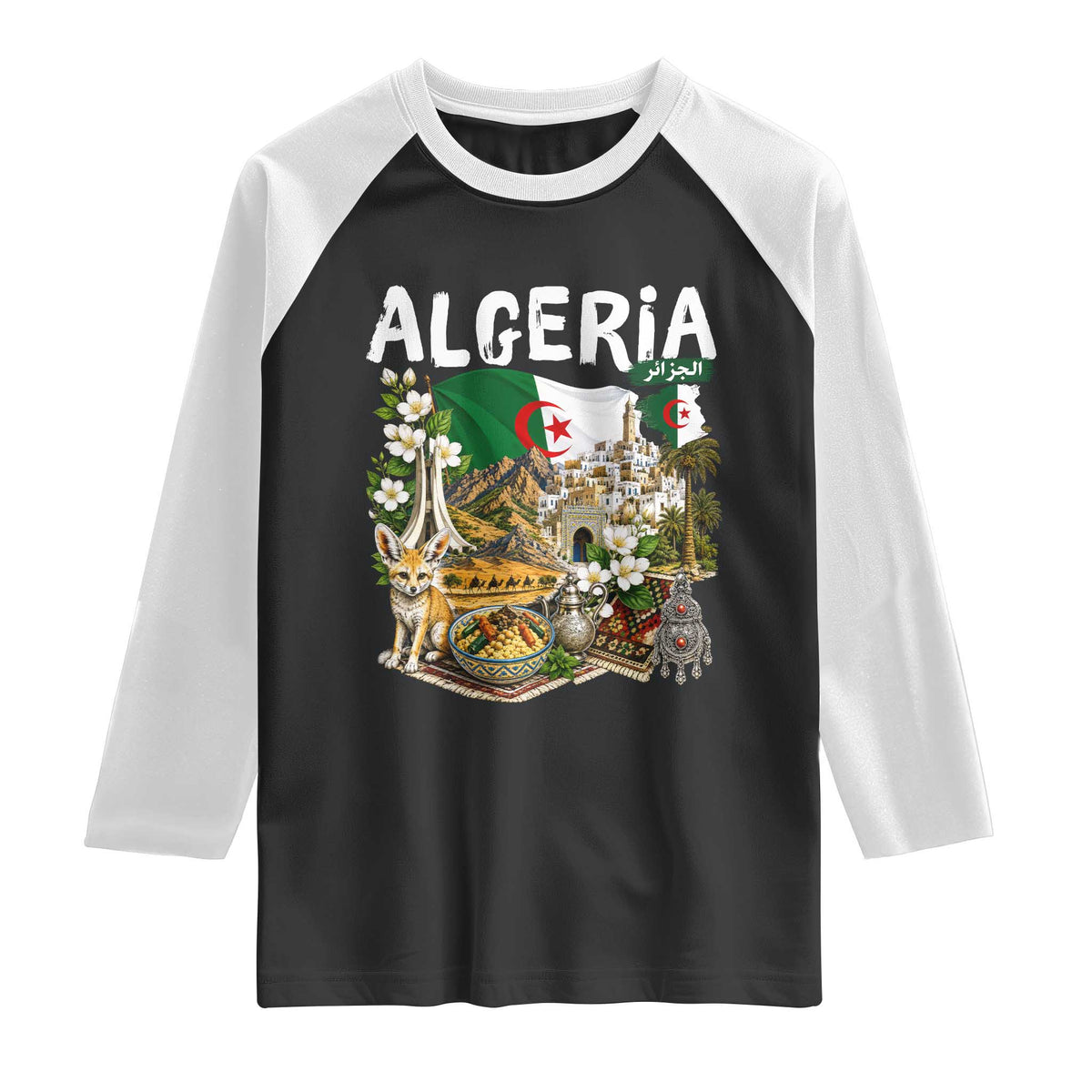 Algeria Algerian Culture and Landmarks Collage Graphic Raglan Shirt Proud Fennec Fox Heritage and Arabic Calligraphy