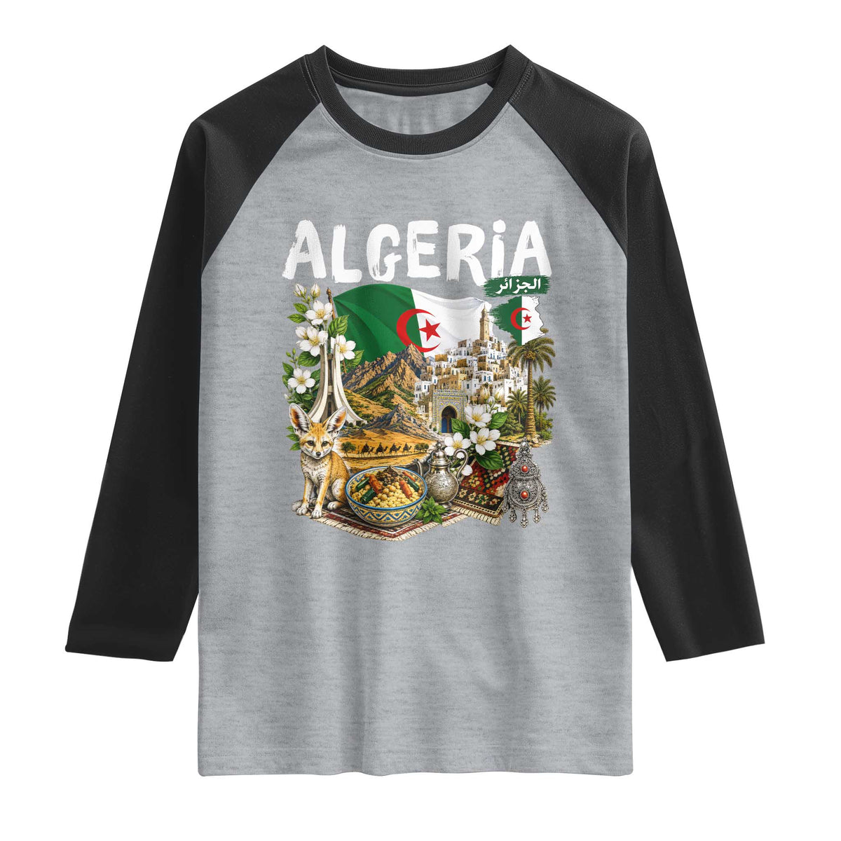 Algeria Algerian Culture and Landmarks Collage Graphic Raglan Shirt Proud Fennec Fox Heritage and Arabic Calligraphy