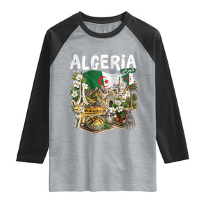 Algeria Algerian Culture and Landmarks Collage Graphic Raglan Shirt Proud Fennec Fox Heritage and Arabic Calligraphy