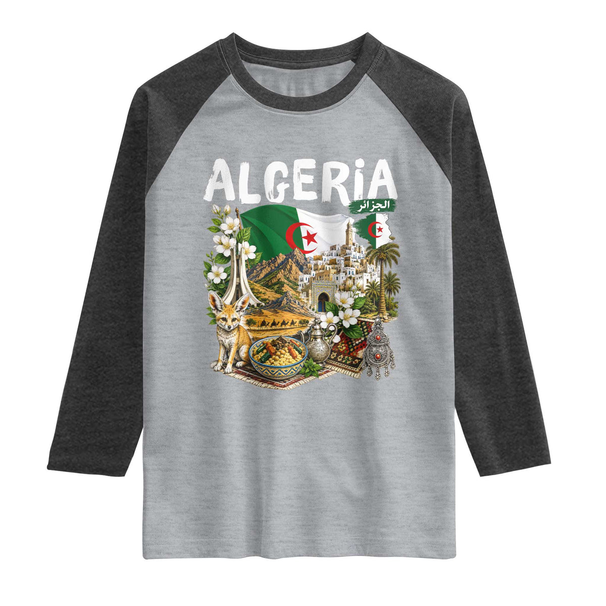 Algeria Algerian Culture and Landmarks Collage Graphic Raglan Shirt Proud Fennec Fox Heritage and Arabic Calligraphy