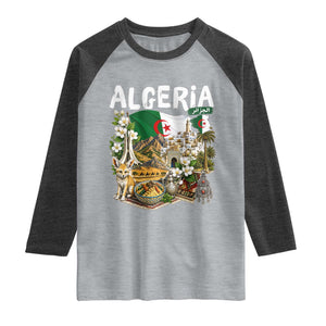 Algeria Algerian Culture and Landmarks Collage Graphic Raglan Shirt Proud Fennec Fox Heritage and Arabic Calligraphy