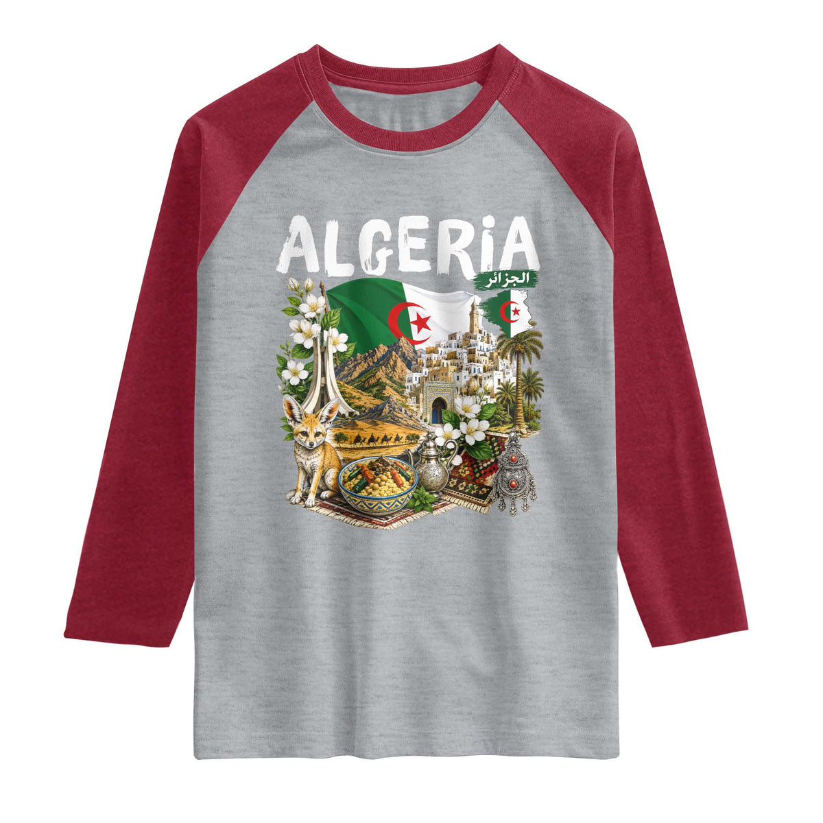 Algeria Algerian Culture and Landmarks Collage Graphic Raglan Shirt Proud Fennec Fox Heritage and Arabic Calligraphy