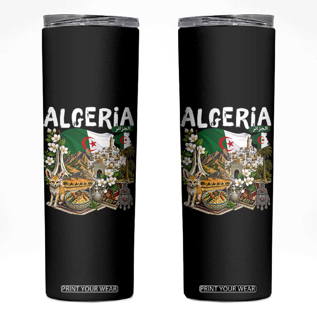 Algeria Algerian Culture and Landmarks Collage Graphic Skinny Tumbler Proud Fennec Fox Heritage and Arabic Calligraphy TS02 Black Print Your Wear