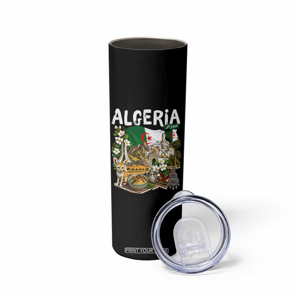 Algeria Algerian Culture and Landmarks Collage Graphic Skinny Tumbler Proud Fennec Fox Heritage and Arabic Calligraphy TS02 Print Your Wear