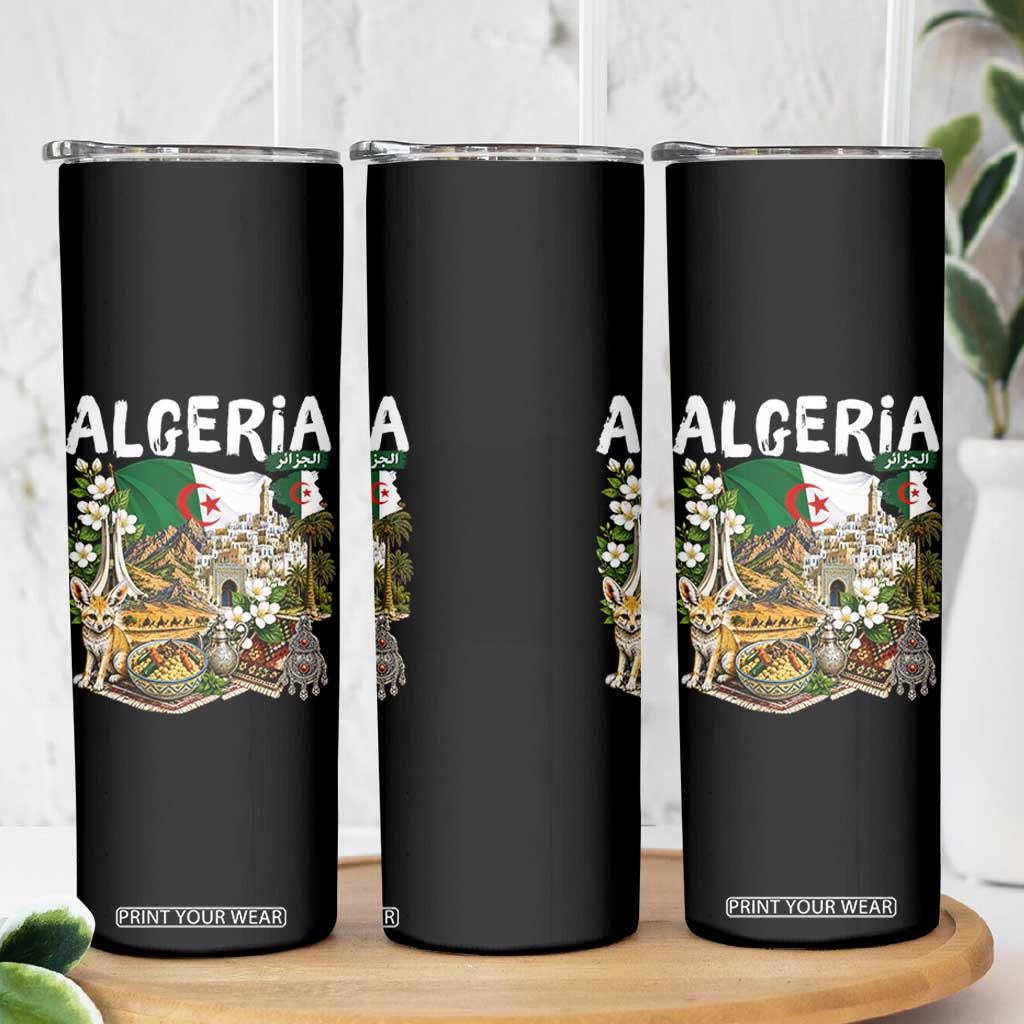 Algeria Algerian Culture and Landmarks Collage Graphic Skinny Tumbler Proud Fennec Fox Heritage and Arabic Calligraphy TS02 Print Your Wear