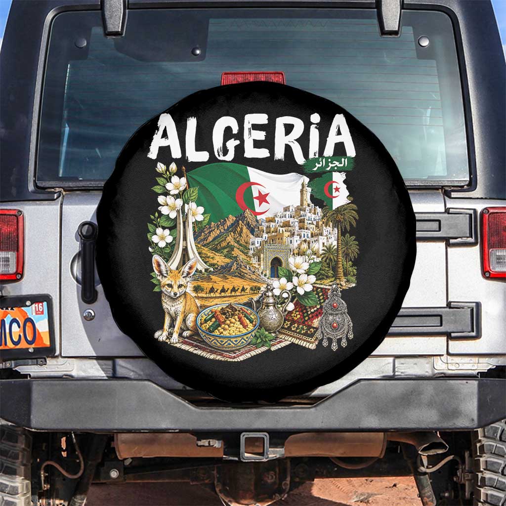 Algeria Algerian Culture and Landmarks Collage Graphic Spare Tire Cover Proud Fennec Fox Heritage and Arabic Calligraphy TS02 No hole Black Print Your Wear