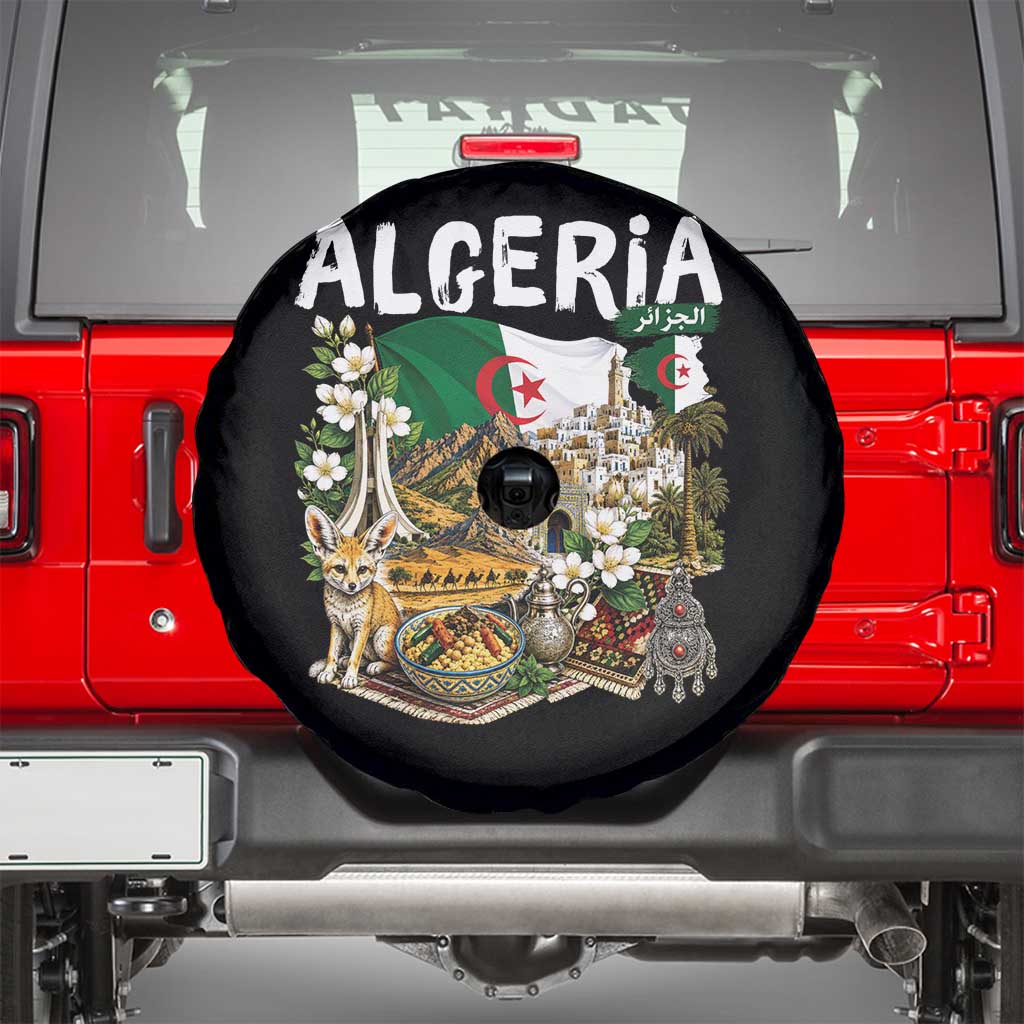Algeria Algerian Culture and Landmarks Collage Graphic Spare Tire Cover Proud Fennec Fox Heritage and Arabic Calligraphy TS02 Black Print Your Wear