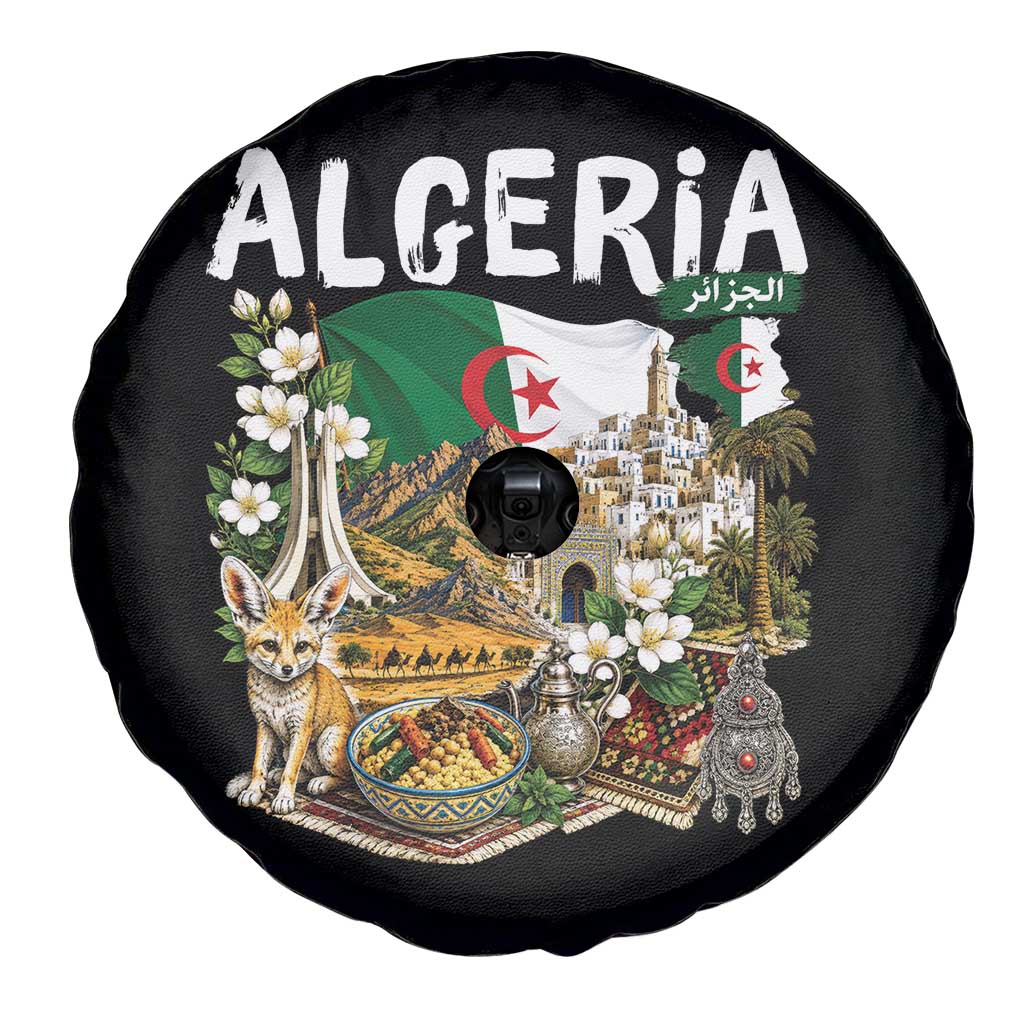 Algeria Algerian Culture and Landmarks Collage Graphic Spare Tire Cover Proud Fennec Fox Heritage and Arabic Calligraphy TS02 Print Your Wear