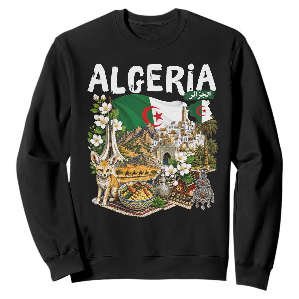 Algeria Algerian Culture and Landmarks Collage Graphic Sweatshirt Proud Fennec Fox Heritage and Arabic Calligraphy TS02 Black Print Your Wear