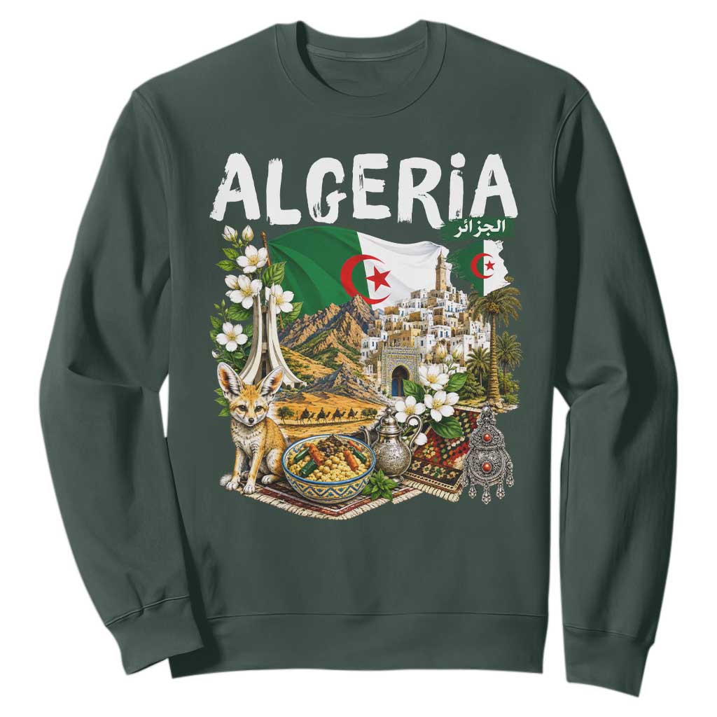 Algeria Algerian Culture and Landmarks Collage Graphic Sweatshirt Proud Fennec Fox Heritage and Arabic Calligraphy