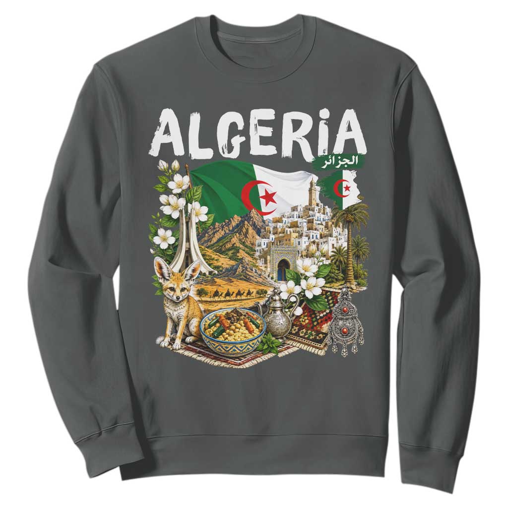 Algeria Algerian Culture and Landmarks Collage Graphic Sweatshirt Proud Fennec Fox Heritage and Arabic Calligraphy