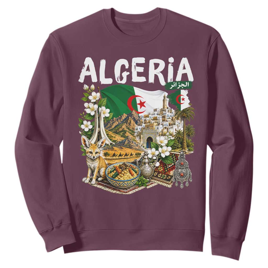 Algeria Algerian Culture and Landmarks Collage Graphic Sweatshirt Proud Fennec Fox Heritage and Arabic Calligraphy