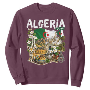 Algeria Algerian Culture and Landmarks Collage Graphic Sweatshirt Proud Fennec Fox Heritage and Arabic Calligraphy