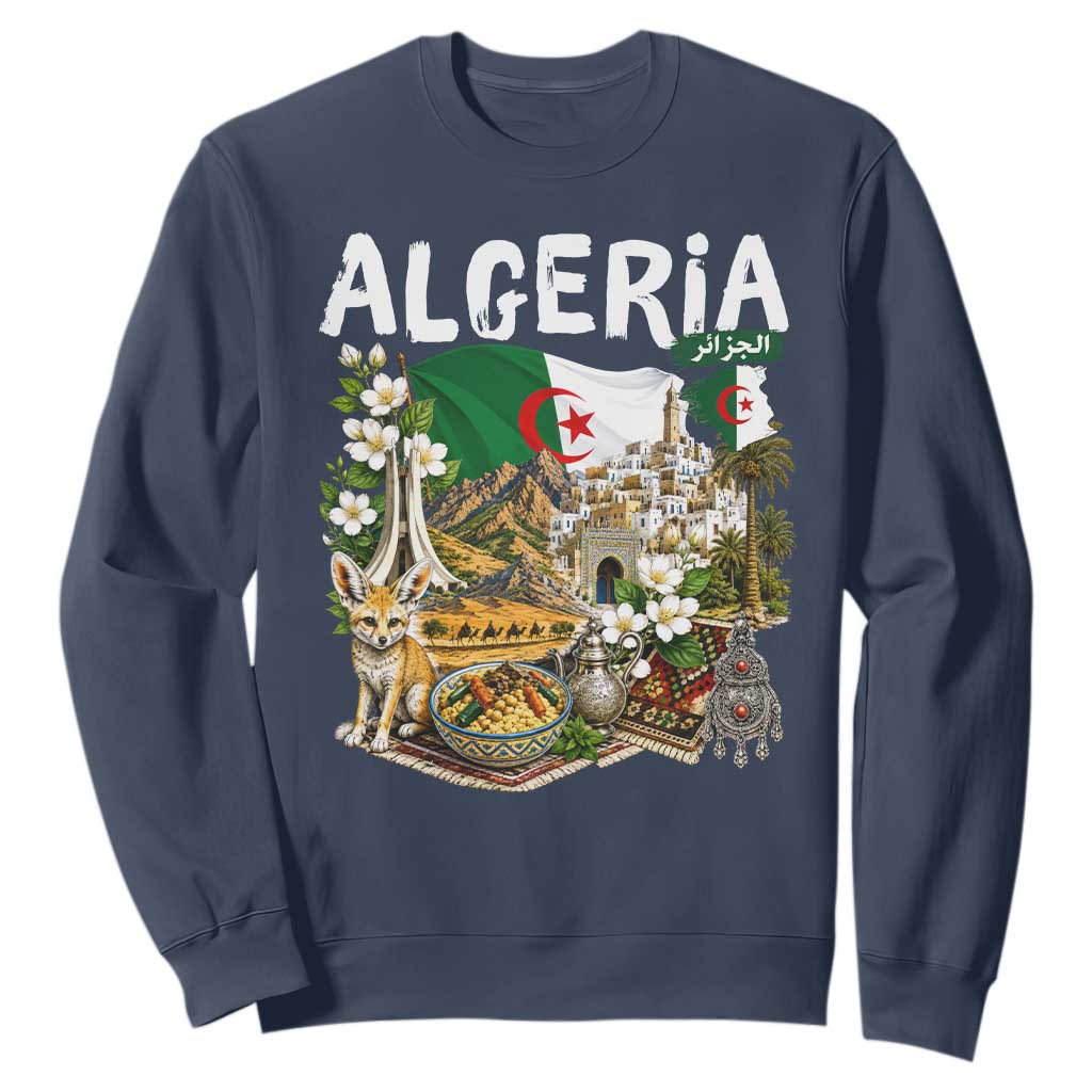 Algeria Algerian Culture and Landmarks Collage Graphic Sweatshirt Proud Fennec Fox Heritage and Arabic Calligraphy