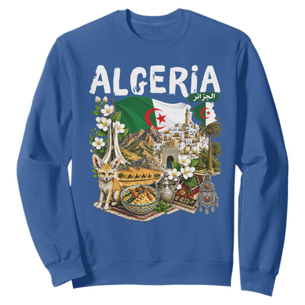 Algeria Algerian Culture and Landmarks Collage Graphic Sweatshirt Proud Fennec Fox Heritage and Arabic Calligraphy