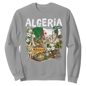 Algeria Algerian Culture and Landmarks Collage Graphic Sweatshirt Proud Fennec Fox Heritage and Arabic Calligraphy