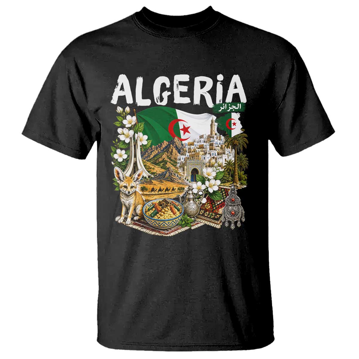 Algeria Algerian Culture and Landmarks Collage Graphic T Shirt Proud Fennec Fox Heritage and Arabic Calligraphy TS02 Black Print Your Wear