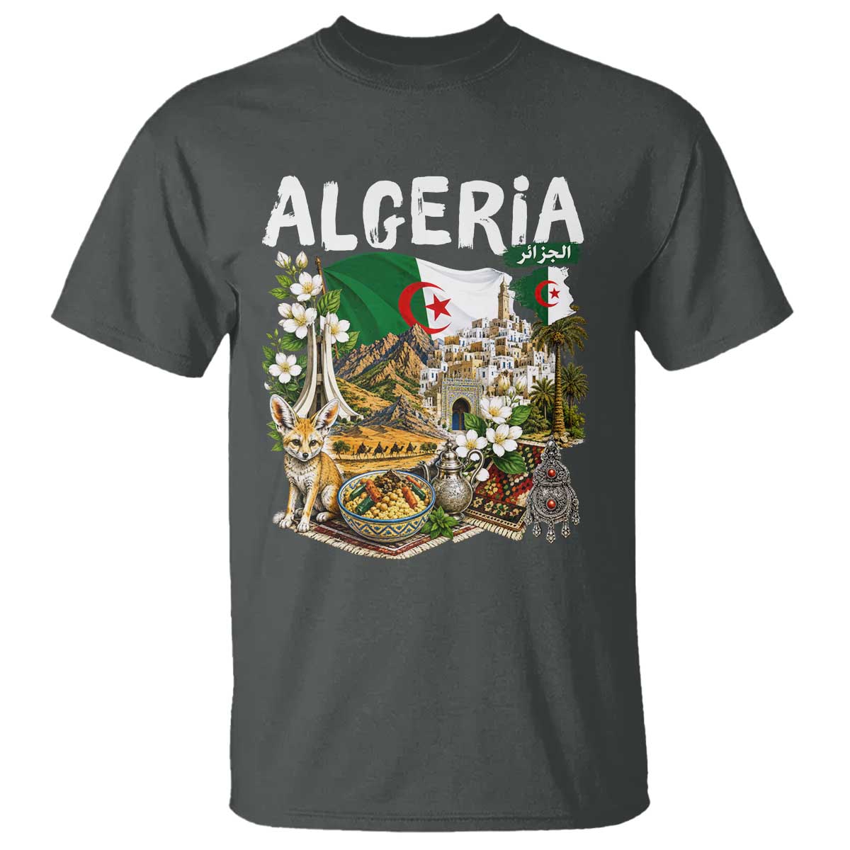 Algeria Algerian Culture and Landmarks Collage Graphic T Shirt Proud Fennec Fox Heritage and Arabic Calligraphy
