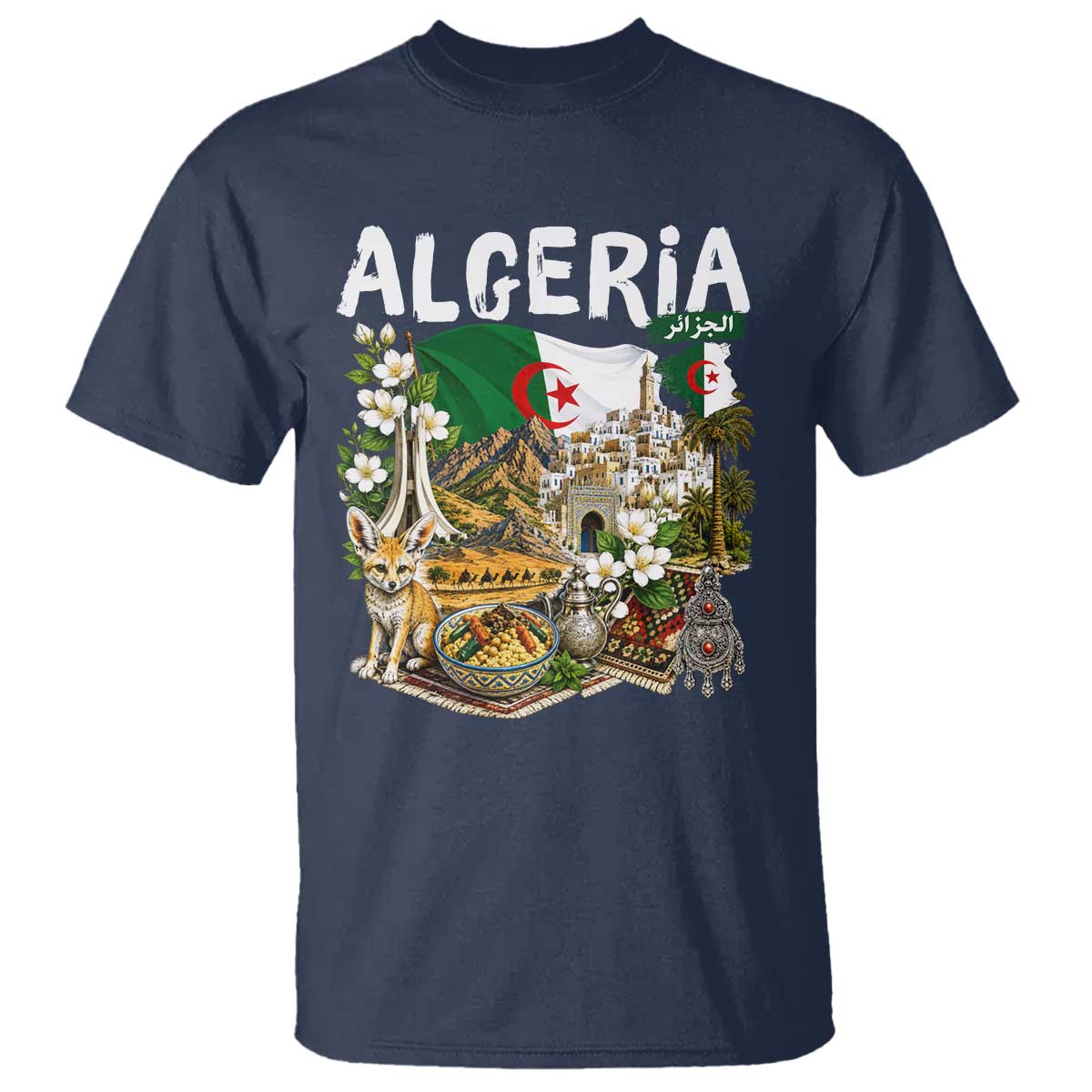Algeria Algerian Culture and Landmarks Collage Graphic T Shirt Proud Fennec Fox Heritage and Arabic Calligraphy