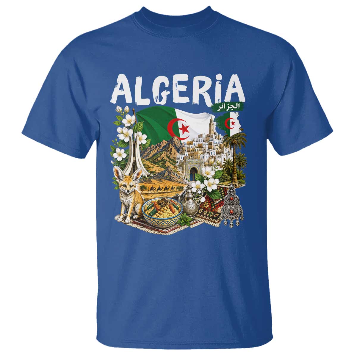 Algeria Algerian Culture and Landmarks Collage Graphic T Shirt Proud Fennec Fox Heritage and Arabic Calligraphy