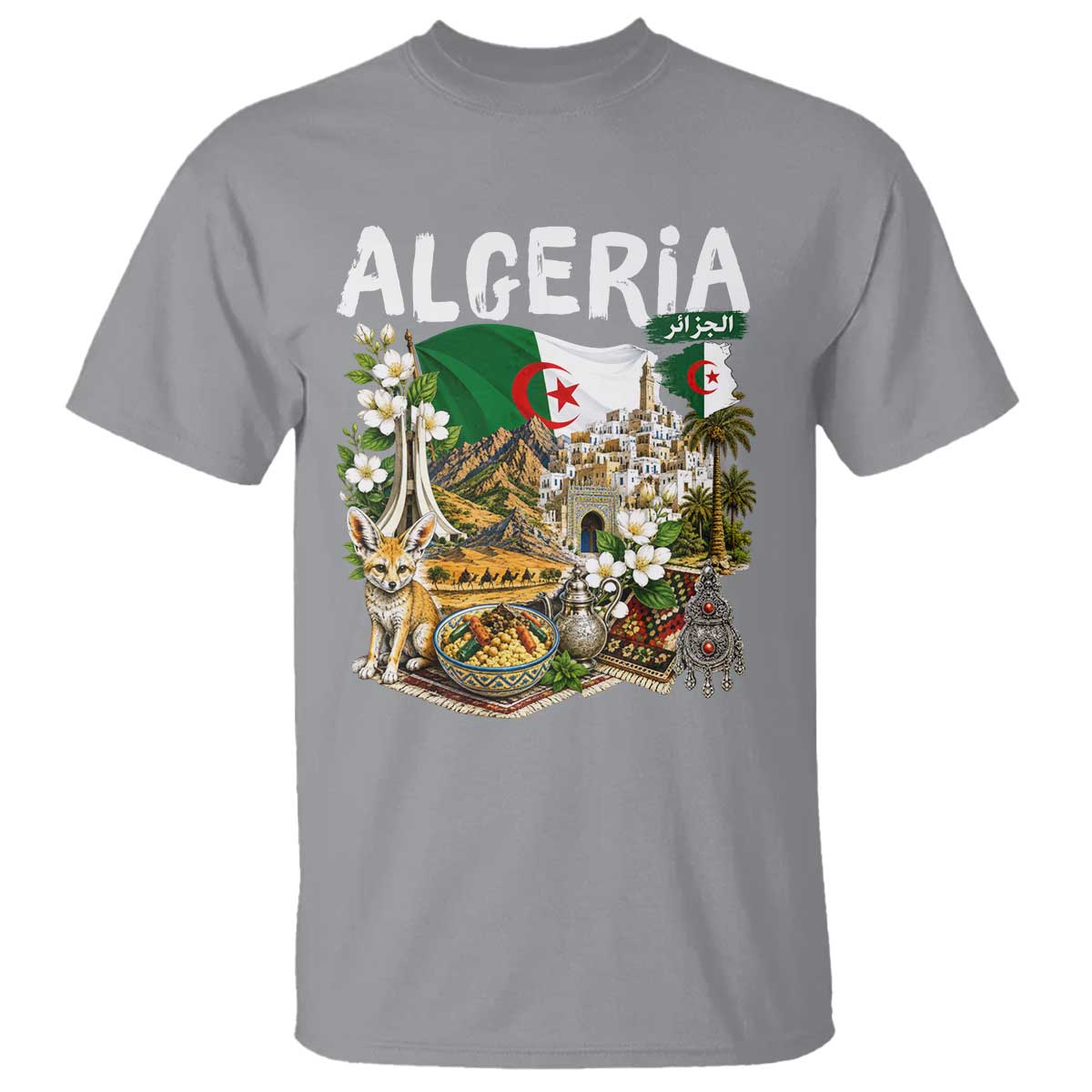 Algeria Algerian Culture and Landmarks Collage Graphic T Shirt Proud Fennec Fox Heritage and Arabic Calligraphy