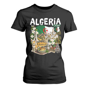 Algeria Algerian Culture and Landmarks Collage Graphic T Shirt For Women Proud Fennec Fox Heritage and Arabic Calligraphy