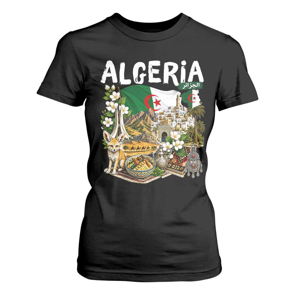 Algeria Algerian Culture and Landmarks Collage Graphic T Shirt For Women Proud Fennec Fox Heritage and Arabic Calligraphy TS02 Black Print Your Wear
