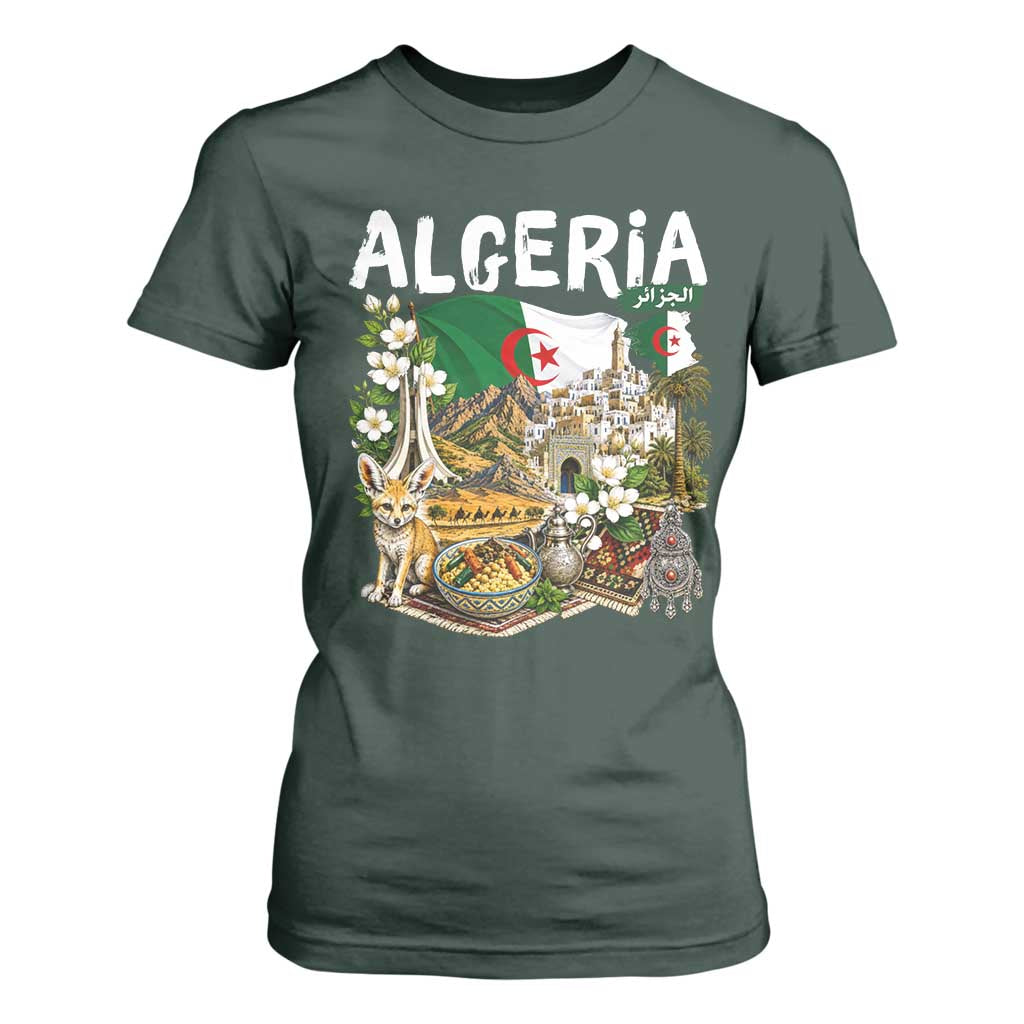 Algeria Algerian Culture and Landmarks Collage Graphic T Shirt For Women Proud Fennec Fox Heritage and Arabic Calligraphy