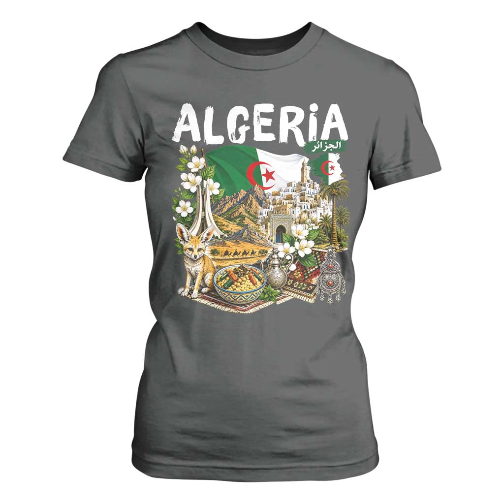 Algeria Algerian Culture and Landmarks Collage Graphic T Shirt For Women Proud Fennec Fox Heritage and Arabic Calligraphy