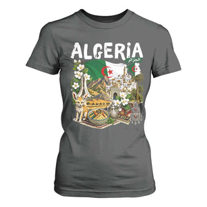 Algeria Algerian Culture and Landmarks Collage Graphic T Shirt For Women Proud Fennec Fox Heritage and Arabic Calligraphy