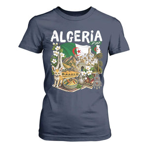 Algeria Algerian Culture and Landmarks Collage Graphic T Shirt For Women Proud Fennec Fox Heritage and Arabic Calligraphy