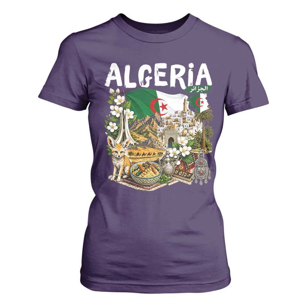 Algeria Algerian Culture and Landmarks Collage Graphic T Shirt For Women Proud Fennec Fox Heritage and Arabic Calligraphy