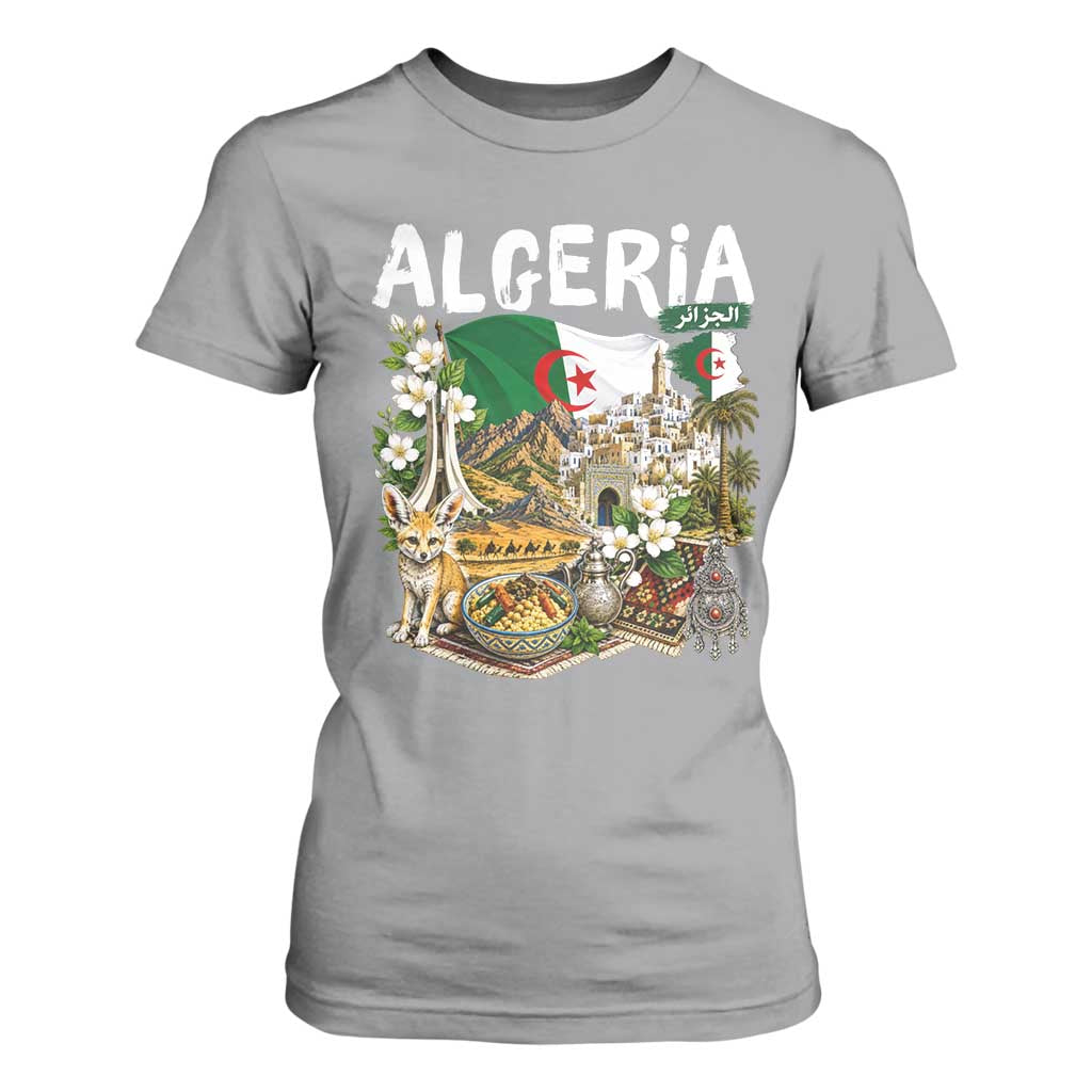 Algeria Algerian Culture and Landmarks Collage Graphic T Shirt For Women Proud Fennec Fox Heritage and Arabic Calligraphy