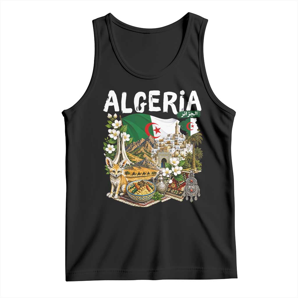 Algeria Algerian Culture and Landmarks Collage Graphic Tank Top Proud Fennec Fox Heritage and Arabic Calligraphy TS02 Black Print Your Wear