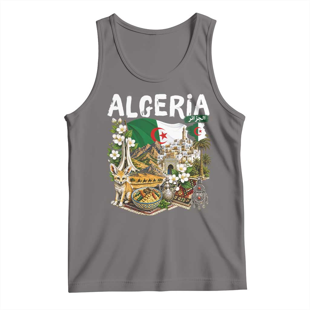 Algeria Algerian Culture and Landmarks Collage Graphic Tank Top Proud Fennec Fox Heritage and Arabic Calligraphy