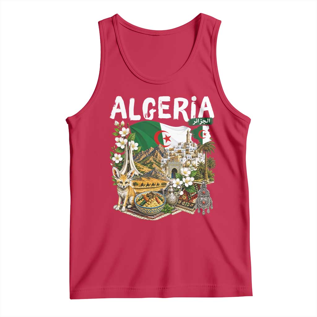Algeria Algerian Culture and Landmarks Collage Graphic Tank Top Proud Fennec Fox Heritage and Arabic Calligraphy