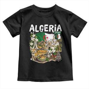 Algeria Algerian Culture and Landmarks Collage Graphic Toddler T Shirt Proud Fennec Fox Heritage and Arabic Calligraphy