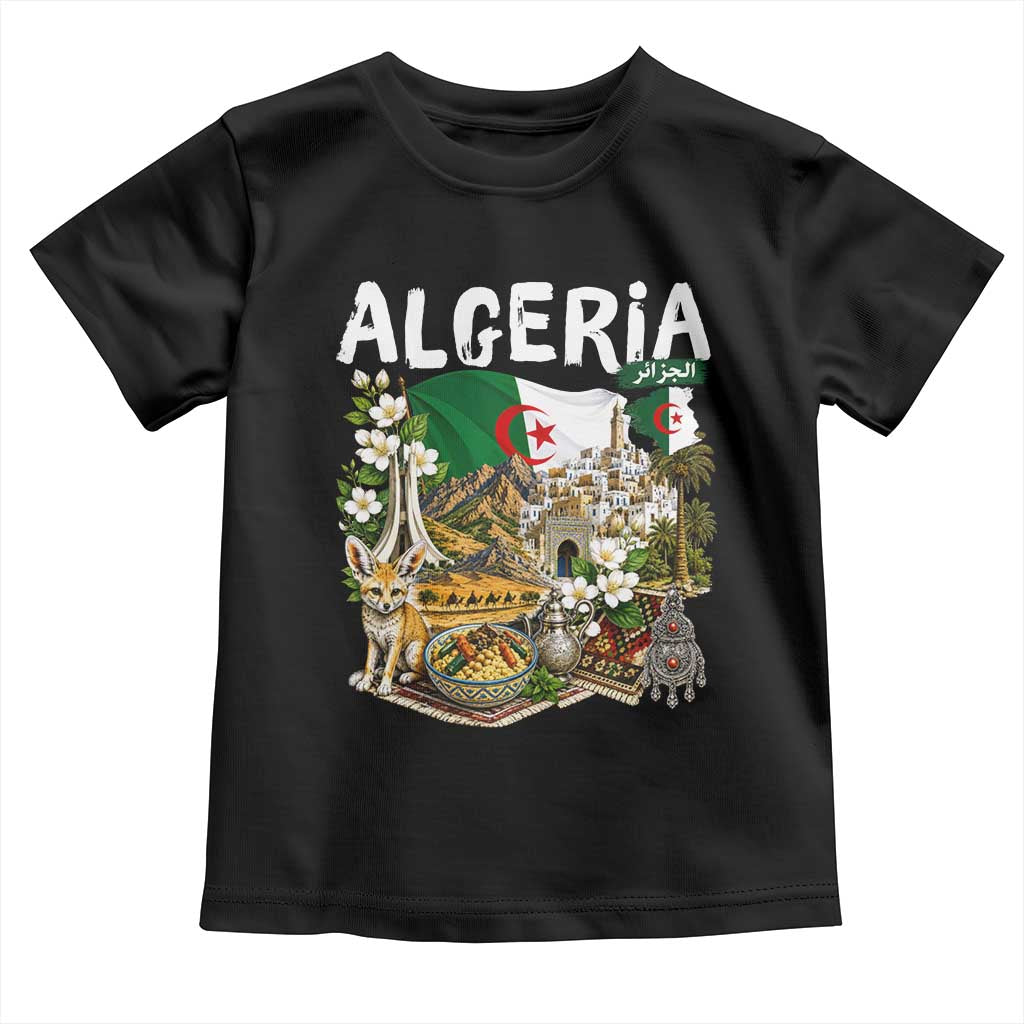 Algeria Algerian Culture and Landmarks Collage Graphic Toddler T Shirt Proud Fennec Fox Heritage and Arabic Calligraphy TS02 Black Print Your Wear