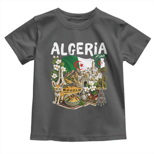 Algeria Algerian Culture and Landmarks Collage Graphic Toddler T Shirt Proud Fennec Fox Heritage and Arabic Calligraphy