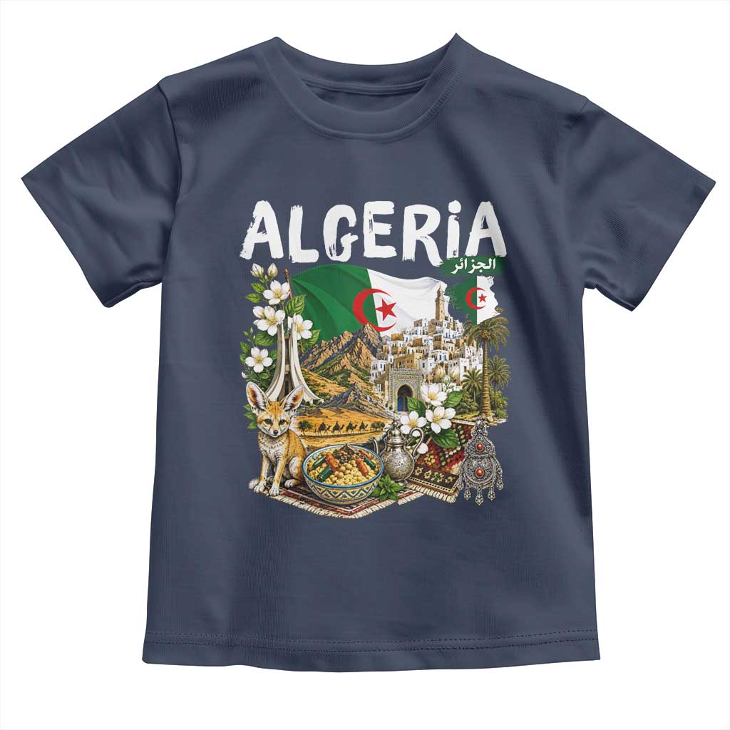 Algeria Algerian Culture and Landmarks Collage Graphic Toddler T Shirt Proud Fennec Fox Heritage and Arabic Calligraphy