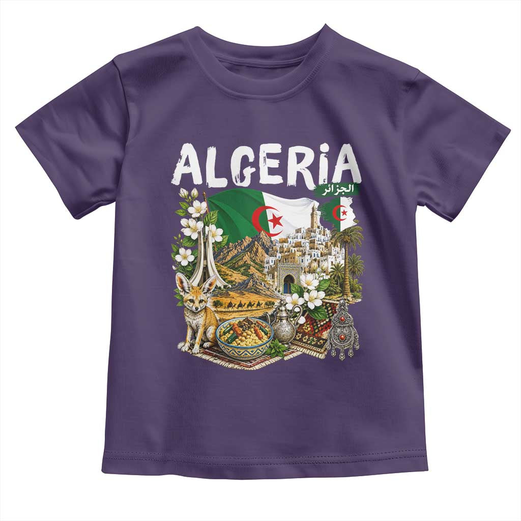 Algeria Algerian Culture and Landmarks Collage Graphic Toddler T Shirt Proud Fennec Fox Heritage and Arabic Calligraphy