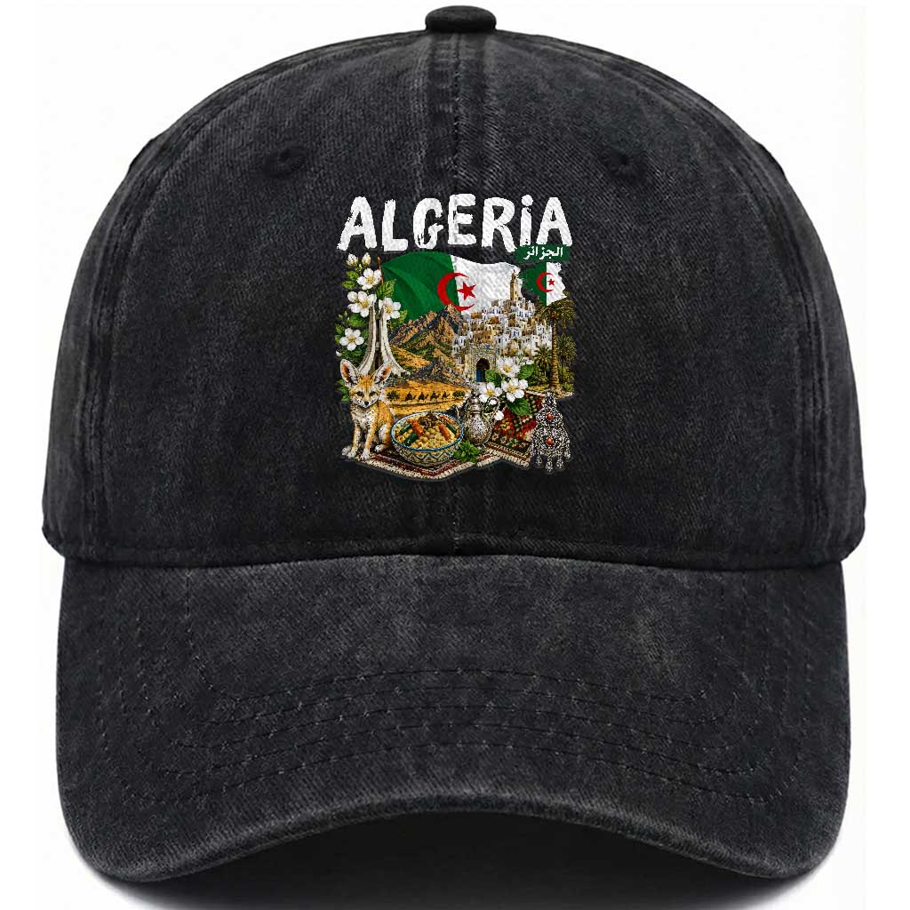 Algeria Algerian Culture and Landmarks Collage Graphic Washed Cotton Baseball Cap Proud Fennec Fox Heritage and Arabic Calligraphy