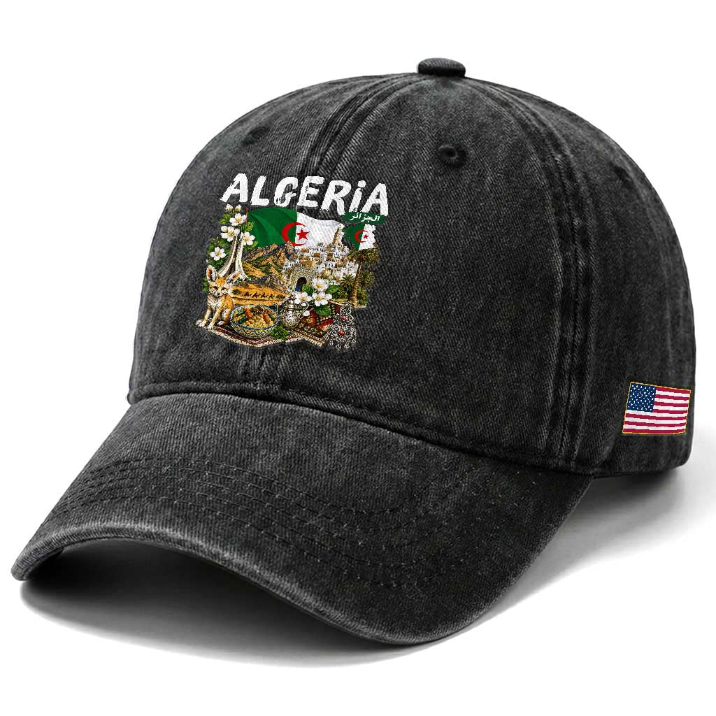Algeria Algerian Culture and Landmarks Collage Graphic Washed Cotton Baseball Cap Proud Fennec Fox Heritage and Arabic Calligraphy