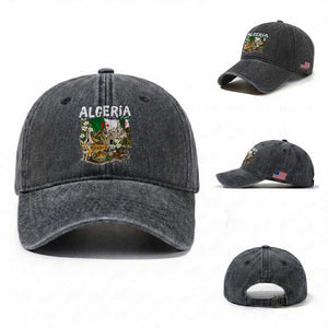 Algeria Algerian Culture and Landmarks Collage Graphic Washed Cotton Baseball Cap Proud Fennec Fox Heritage and Arabic Calligraphy
