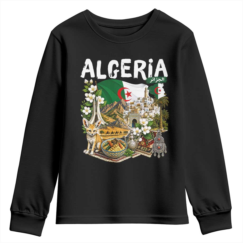 Algeria Algerian Culture and Landmarks Collage Graphic Youth Sweatshirt Proud Fennec Fox Heritage and Arabic Calligraphy TS02 Black Print Your Wear