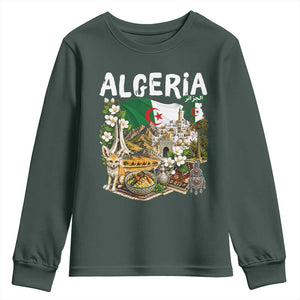Algeria Algerian Culture and Landmarks Collage Graphic Youth Sweatshirt Proud Fennec Fox Heritage and Arabic Calligraphy